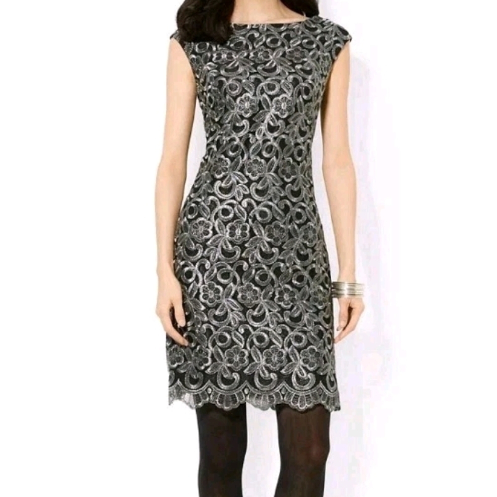 LAUREN Ralph Lauren Cap-Sleeve Scalloped Metallic Lace Dress Pewter 4